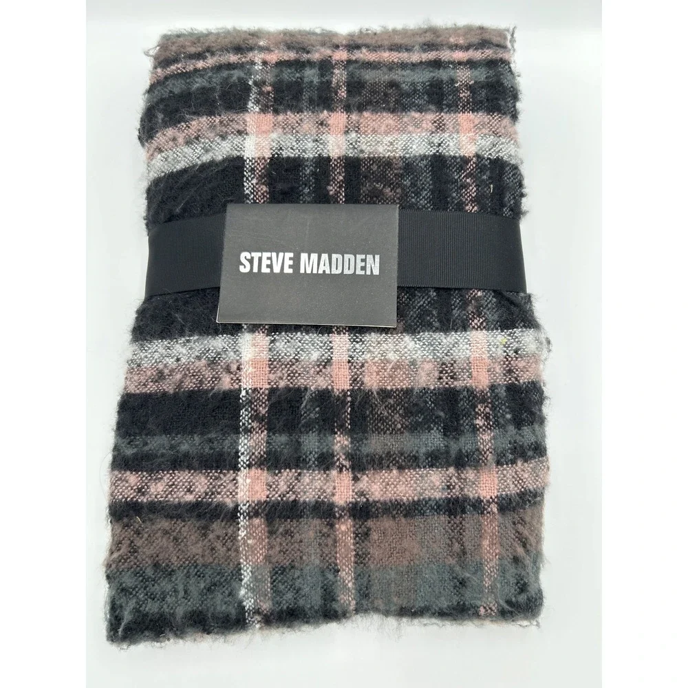 Steve Madden Plaid Scarf Black Pink Grey Oversized‎ Brushed Knit Winter Wrap